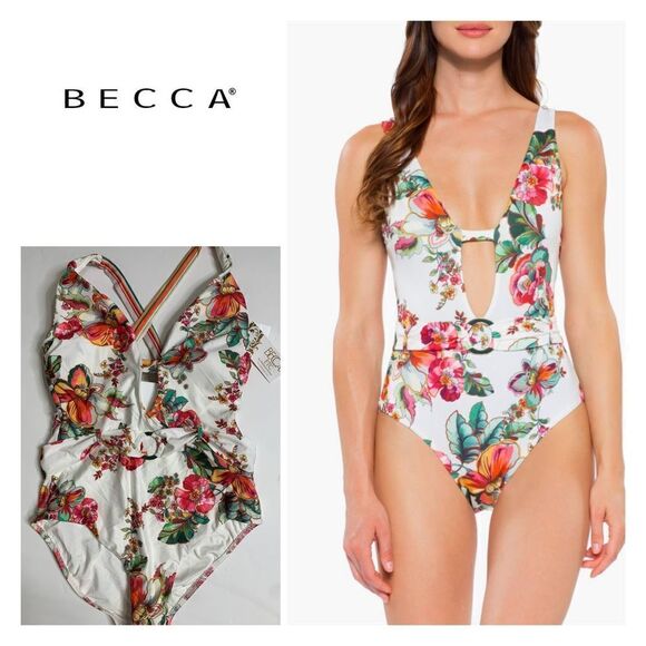 New. BECCA floral belted one piece size 14 - Picture 1 of 14